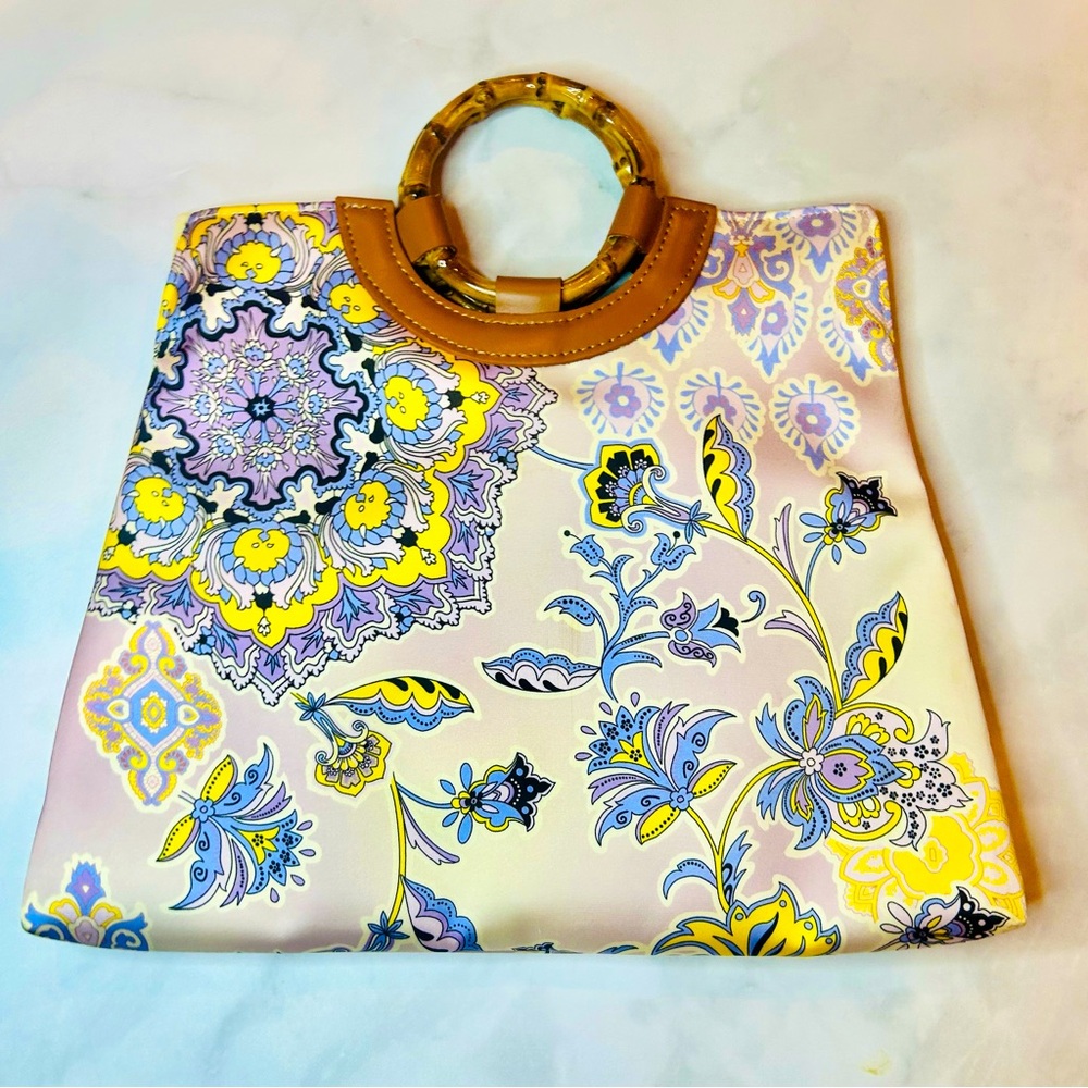 NWOT Bonfanti Paisley Silk Handbag with Bamboo Top Handle